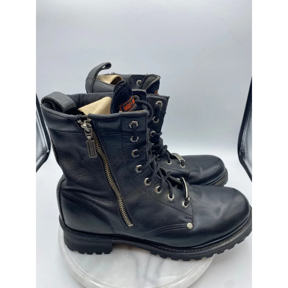 Harley Davidson Mens 13 Motorcycle Boots Black Leather Side Zip Lug Sole 91028